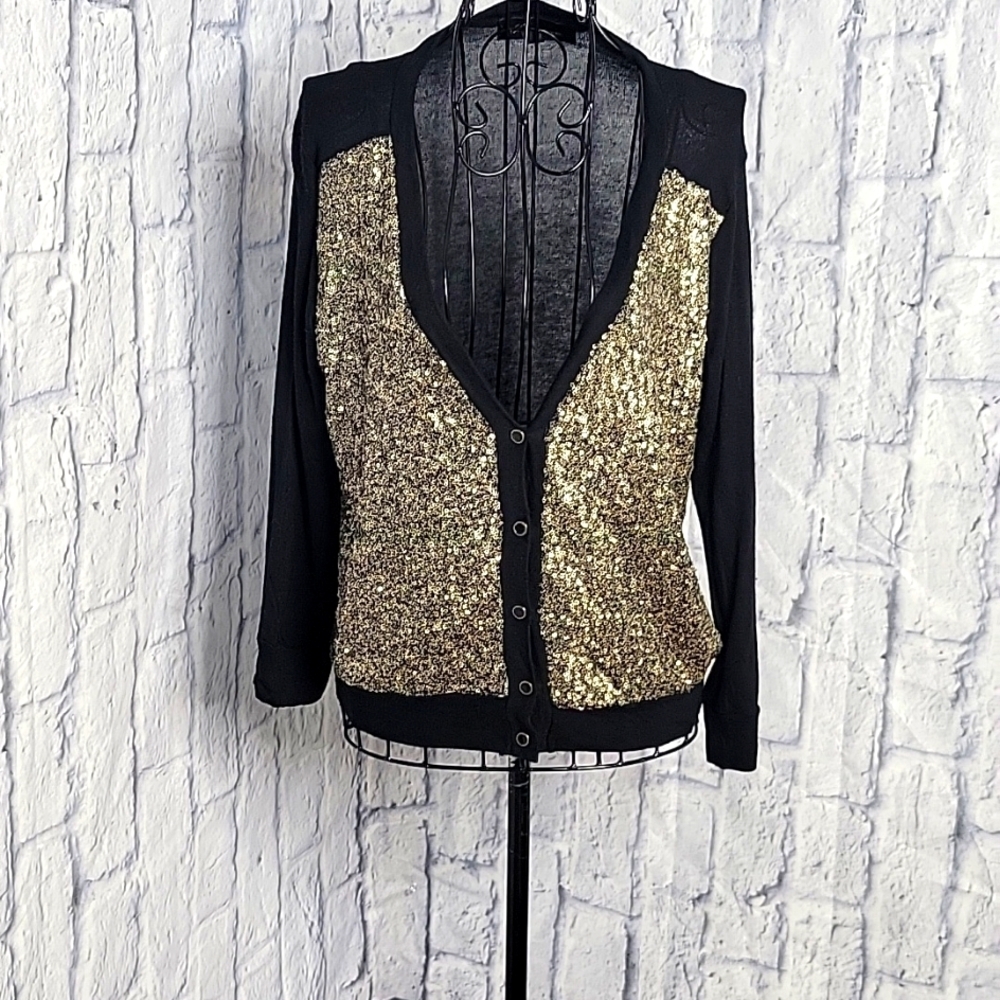 ×MONTEAU Black and‎ Gold Sequined Button Up Cardigan Sweater Women's Medium
